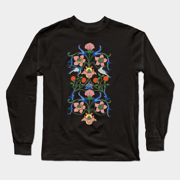 Colorful Medieval Inspired Bird Nature Pattern Long Sleeve T-Shirt by MariOyama